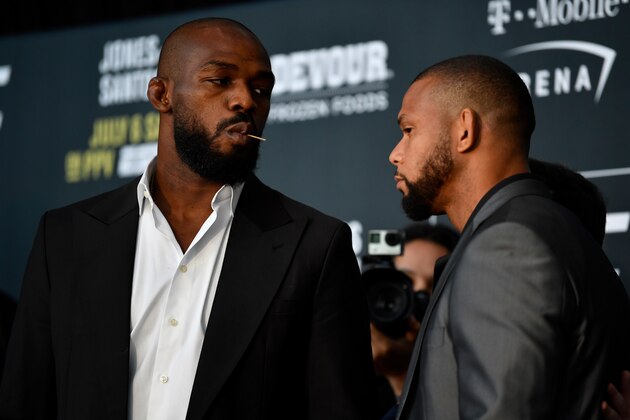 LAS VEGAS, NEVADA - JULY 04:  (L-R) Jon Jones and Thiago Santos of Brazil face off during the UFC 239 Ultimate Media Day at T-Mobile Arena on July 4, 2019 in Las Vegas, Nevada. (Photo by Jeff Bottari/Zuffa LLC/Zuffa LLC via Getty Images)