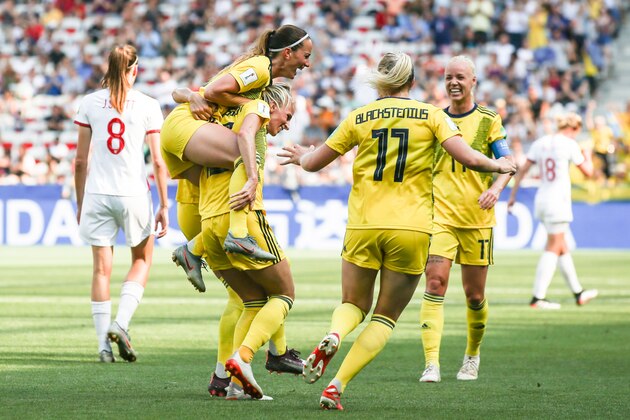 NICE, FRANCE - JULY 06: #10 Sofia Jakobsson of Sweden celebrates her goal with teammates during the 2019 FIFA Women's World Cup France 3rd Place Match match between England and Sweden at Stade de Nice on July 06, 2019 in Nice, France. (Photo by Zhizhao Wu/Getty Images)