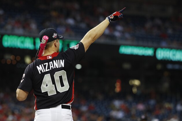 WASHINGTON, DC - JULY 15:  Mike 'The Miz' Mizanin prepares to bat during the All-Star and Legends Celebrity Softball Game at Nationals Park on July 15, 2018 in Washington, DC. (Photo by Patrick McDermott/Getty Images)