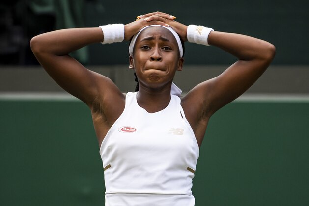 LONDON, ENGLAND - JULY 01: Cori Gauff of the United States celebrates her victory over Venus Williams of the United States during Day 1 of The Championships - Wimbledon 2019 at All England Lawn Tennis and Croquet Club on July 01, 2019 in London, England. (Photo by TPN/Getty Images)