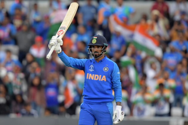 India's K.L. Rahul celebrates reaching his century during the 2019 Cricket World Cup group stage match between Sri Lanka and India at Headingley in Leeds, northern England, on July 6, 2019. (Photo by Dibyangshu Sarkar / AFP) / RESTRICTED TO EDITORIAL USE        (Photo credit should read DIBYANGSHU SARKAR/AFP/Getty Images)