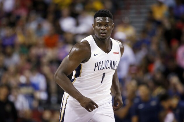 New Orleans Pelicans' Zion Williamson runs upcourt during the team's NBA summer league basketball game against the New York Knicks on Friday, July 5, 2019, in Las Vegas. (AP Photo/Steve Marcus)