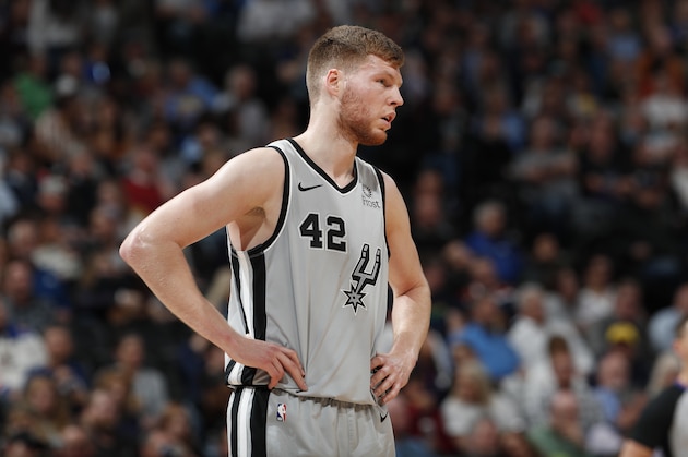 San Antonio Spurs forward Davis Bertans (42) in the second half of an NBA basketball game Wednesday, April 3, 2019, in Denver. The Nuggets won 113-85. (AP Photo/David Zalubowski)