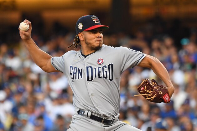 LOS ANGELES, CA - JULY 04: Dinelson  Lamet #29 of the San Diego Padres pitches in the fifth inning of the game against the Los Angeles Dodgers at Dodger Stadium on July 4, 2019 in Los Angeles, California. (Photo by Jayne Kamin-Oncea/Getty Images)