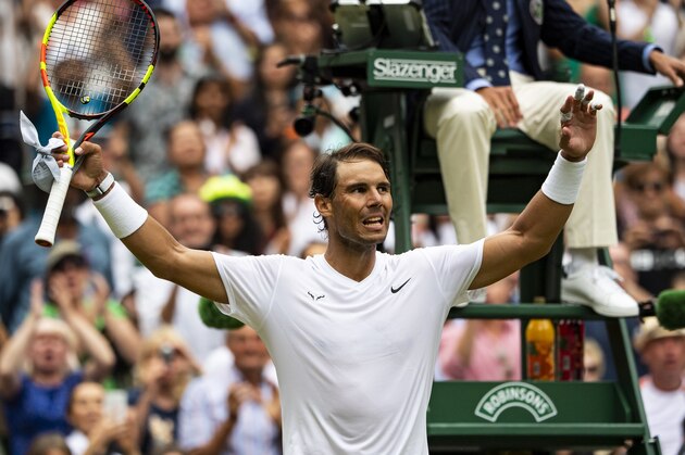 LONDON, ENGLAND - JULY 06: Rafael Nadal of Spain celebrates his victory overJo-Wilfried Tsonga of France during Day 6 of The Championships - Wimbledon 2019 at All England Lawn Tennis and Croquet Club on July 06, 2019 in London, England. (Photo by TPN/Getty Images)