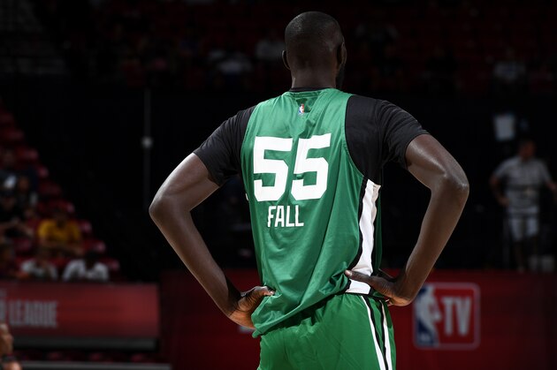 LAS VEGAS, NV - JULY 6: Tacko Fall #55 of the Boston Celtics looks on against the Philadelphia 76ers during Day 2 of the 2019 Las Vegas Summer League on July 6, 2019 at the Thomas & Mack Center in Las Vegas, Nevada. NOTE TO USER: User expressly acknowledges and agrees that, by downloading and or using this Photograph, user is consenting to the terms and conditions of the Getty Images License Agreement. Mandatory Copyright Notice: Copyright 2019 NBAE (Photo by Bart Young/NBAE via Getty Images)