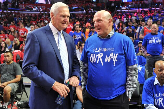 LOS ANGELES, CALIFORNIA - APRIL 18: Steve Ballmer and Jerry West attend an NBA playoffs basketball game between the Los Angeles Clippers and the Golden State Warriors at Staples Center on April 18, 2019 in Los Angeles, California. (Photo by Allen Berezovsky/Getty Images)