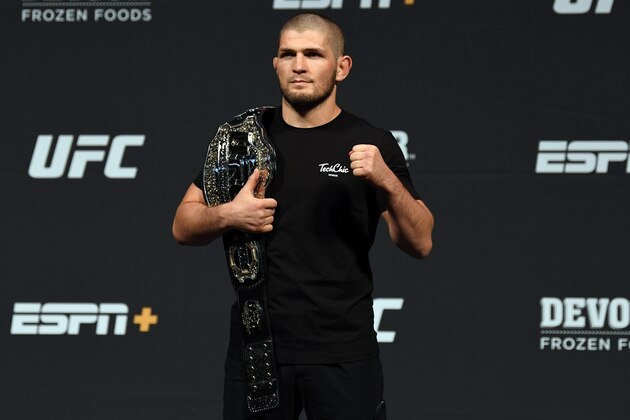 LAS VEGAS, NEVADA - JULY 05:  UFC lightweight champion Khabib Nurmagomedov poses for the media during the UFC seasonal press conference at T-Mobile Arena on July 5, 2019 in Las Vegas, Nevada. (Photo by Josh Hedges/Zuffa LLC/Zuffa LLC via Getty Images)