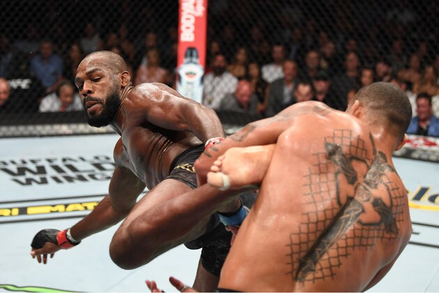 LAS VEGAS, NV - JULY 06: Jon Jones kicks Thiago Silva of Brazil in their UFC light heavyweight championship fight during the UFC 239 event at T-Mobile Arena on July 6, 2019 in Las Vegas, Nevada.  (Photo by Josh Hedges/Zuffa LLC/Zuffa LLC)