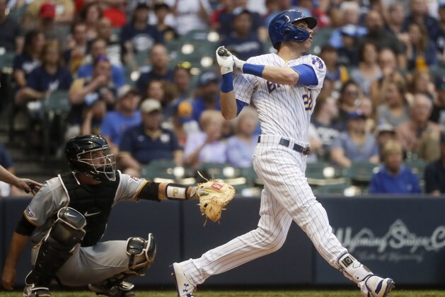 Milwaukee Brewers' Christian Yelich hits during the third inning of a baseball game against the Pittsburgh Pirates Friday, June 28, 2019, in Milwaukee. (AP Photo/Morry Gash)