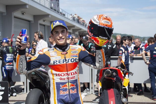 HOHENSTEIN-ERNSTTHAL, GERMANY - JULY 06: Marc Marquez of Spain and Repsol Honda Team celebrates the MotoGp pole position at the end of the qualifying practice during the MotoGp of Germany - Qualifying at Sachsenring Circuit on July 06, 2019 in Hohenstein-Ernstthal, Germany. (Photo by Mirco Lazzari gp/Getty Images)