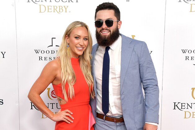 LOUISVILLE, KENTUCKY - MAY 04:  Emily Wilkinson and Baker Mayfield attend the 145th Kentucky Derby at Churchill Downs on May 04, 2019 in Louisville, Kentucky. (Photo by Michael Loccisano/Getty Images for Churchill Downs)