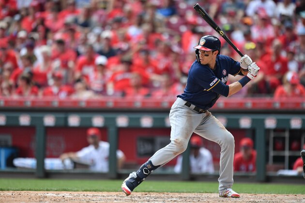 CINCINNATI, OH - JULY 4:  Christian Yelich #22 of the Milwaukee Brewers bats against the Cincinnati Reds at Great American Ball Park on July 4, 2019 in Cincinnati, Ohio.  (Photo by Jamie Sabau/Getty Images)