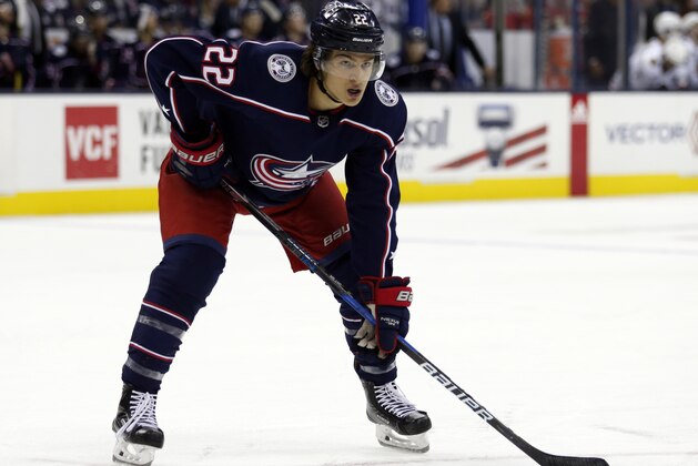 Columbus Blue Jackets forward Sonny Milano is seen against the Chicago Blackhawks during an NHL hockey game in Columbus, Ohio, Saturday, Oct. 20, 2018. The Blackhawks won 4-1. (AP Photo/Paul Vernon)