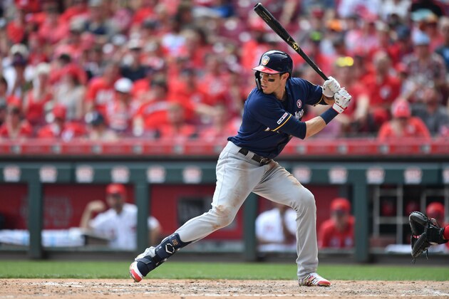 CINCINNATI, OH - JULY 4:  Christian Yelich #22 of the Milwaukee Brewers bats against the Cincinnati Reds at Great American Ball Park on July 4, 2019 in Cincinnati, Ohio.  (Photo by Jamie Sabau/Getty Images)