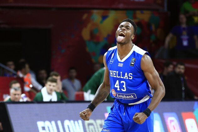 Greece's Thanasis Antetokounmpo celebrates during their Eurobasket European Basketball Championship round of 16 match against Lithuania, in Istanbul, Saturday, Sept. 9. 2017. (AP Photo/Lefteris Pitarakis)