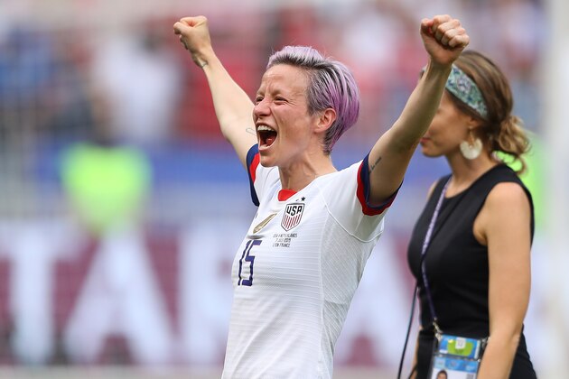 LYON, FRANCE - JULY 07:  Megan Rapinoe of the USA celebrates following the 2019 FIFA Women's World Cup France Final match between The United States of America and The Netherlands at Stade de Lyon on July 07, 2019 in Lyon, France. (Photo by Richard Heathcote/Getty Images)