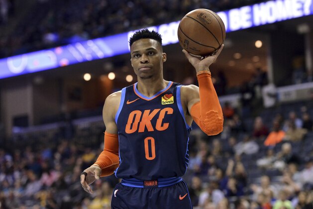 Oklahoma City Thunder guard Russell Westbrook (0) plays in the first half of an NBA basketball game against the Memphis Grizzlies Monday, March 25, 2019, in Memphis, Tenn. (AP Photo/Brandon Dill)