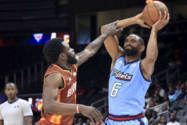 ATLANTA, GEORGIA - JULY 07:  Alan Anderson #6 of Triplets avoids Will Bynum #3 of Bivouac during week three of the BIG3 three on three basketball league at State Farm Arena on July 07, 2019 in Atlanta, Georgia. (Photo by Andy Lyons/BIG3/Getty Images)