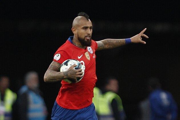 Chile's Arturo Vidal celebrates after scoring a penalty against Argentina during their Copa America football tournament third-place match at the Corinthians Arena in Sao Paulo, Brazil, on July 6, 2019. (Photo by Miguel SCHINCARIOL / AFP)        (Photo credit should read MIGUEL SCHINCARIOL/AFP/Getty Images)
