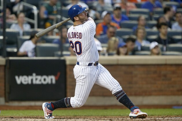 NEW YORK, NEW YORK - JULY 05:   Pete Alonso #20 of the New York Mets follows through on a fourth inning home run against the Philadelphia Phillies at Citi Field on July 05, 2019 in New York City. (Photo by Jim McIsaac/Getty Images)