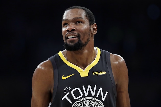 Golden State Warriors' Kevin Durant during the first half of an NBA basketball game against the Los Angeles Lakers Thursday, April 4, 2019, in Los Angeles. (AP Photo/Marcio Jose Sanchez)