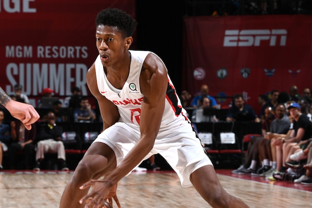 LAS VEGAS, NV - JULY 7: DeAndre Hunter #12 of the Atlanta Hawks handles the ball against the Minnesota Timberwolves during Day 3 of the 2019 Las Vegas Summer League on July 7, 2019 at the Thomas & Mack Center in Las Vegas, Nevada. NOTE TO USER: User expressly acknowledges and agrees that, by downloading and/or using this Photograph, user is consenting to the terms and conditions of the Getty Images License Agreement. Mandatory Copyright Notice: Copyright 2019 NBAE (Photo by Bart Young/NBAE via Getty Images)