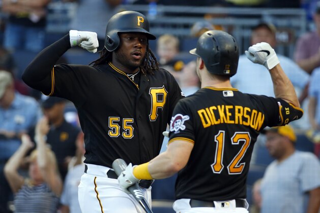 PITTSBURGH, PA - JULY 01:  Josh Bell #55 of the Pittsburgh Pirates celebrates with Corey Dickerson #12 of the Pittsburgh Pirates after hitting a two run home run in the second inning against the Chicago Cubs at PNC Park on July 1, 2019 in Pittsburgh, Pennsylvania.  (Photo by Justin K. Aller/Getty Images)