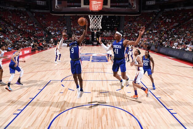 LAS VEGAS, NV - JULY 7: RJ Barrett #9 of the New York Knicks grabs the rebound against the Phoenix Suns during Day 3 of the 2019 Las Vegas Summer League on July 7, 2019 at the Thomas & Mack Center in Las Vegas, Nevada. NOTE TO USER: User expressly acknowledges and agrees that, by downloading and/or using this Photograph, user is consenting to the terms and conditions of the Getty Images License Agreement. Mandatory Copyright Notice: Copyright 2019 NBAE (Photo by Garrett Ellwood/NBAE via Getty Images)