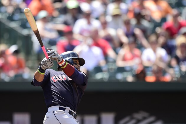 BALTIMORE, MD - JUNE 30: Carlos Santana #41 of the Cleveland Indians hits an RBI single scoring Oscar Mercado #35 (not pictured) in the seventh inning against the Baltimore Orioles at Oriole Park at Camden Yards on June 30, 2019 in Baltimore, Maryland. (Photo by Patrick McDermott/Getty Images)