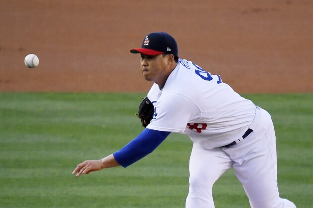 Los Angeles Dodgers starting pitcher Hyun-Jin Ryu, of South Korea, throws during the first inning of the team's baseball game against the San Diego Padres on Thursday, July 4, 2019, in Los Angeles. (AP Photo/Mark J. Terrill)