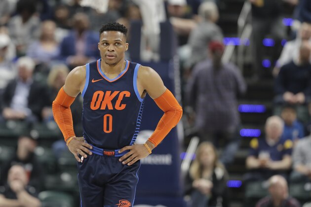 Oklahoma City Thunder's Russell Westbrook (0) in action during the first half of an NBA basketball game against the Indiana Pacers, Thursday, March 14, 2019, in Indianapolis. (AP Photo/Darron Cummings)