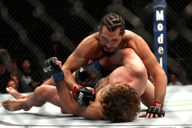 LAS VEGAS, NEVADA - JULY 06:  Jorge Masvidal of the United States knocks out  Ben Askren of the United States during their UFC 239 Welterweight Bout at T-Mobile Arena on July 06, 2019 in Las Vegas, Nevada. (Photo by Sean M. Haffey/Getty Images)