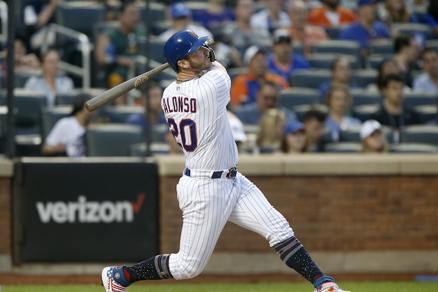 NEW YORK, NEW YORK - JULY 05:   Pete Alonso #20 of the New York Mets follows through on a fourth inning home run against the Philadelphia Phillies at Citi Field on July 05, 2019 in New York City. (Photo by Jim McIsaac/Getty Images)