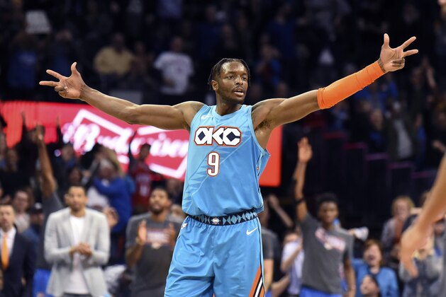 Oklahoma City Thunder forward Jerami Grant celebrates after a 3-pointer in the second half of an NBA basketball game against the Memphis Grizzlies, Sunday, March 3, 2019, in Oklahoma City. (AP Photo/Kyle Phillips)