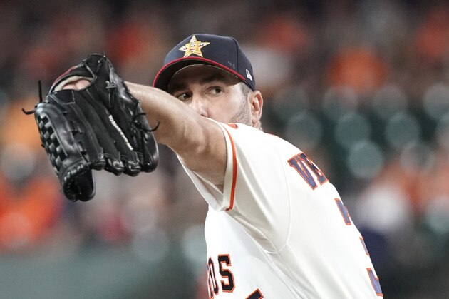 Houston Astros starting pitcher Justin Verlander throws against the Los Angeles Angels during the first inning of a baseball game Friday, July 5, 2019, in Houston. (AP Photo/David J. Phillip)