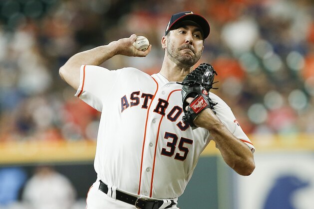 HOUSTON, TEXAS - JULY 05: Justin Verlander #35 of the Houston Astros pitches in the first inning against the Los Angeles Angels of Anaheim at Minute Maid Park on July 05, 2019 in Houston, Texas. (Photo by Bob Levey/Getty Images)