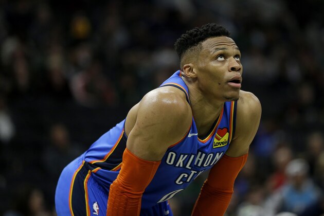 Oklahoma City Thunder's Russell Westbrook watches a free throw during the second half of an NBA basketball game against the Milwaukee Bucks Wednesday, April 10, 2019, in Milwaukee. (AP Photo/Aaron Gash)