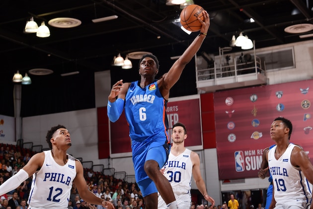 LAS VEGAS, NV - JULY 8: Hamidou Diallo #6 of the Oklahoma City Thunder shoots the ball against the Philadelphia 76ers on July 8, 2019 at the Cox Pavilion in Las Vegas, Nevada. NOTE TO USER: User expressly acknowledges and agrees that, by downloading and/or using this photograph, user is consenting to the terms and conditions of the Getty Images License Agreement. Mandatory Copyright Notice: Copyright 2019 NBAE (Photo by David Dow/NBAE via Getty Images)
