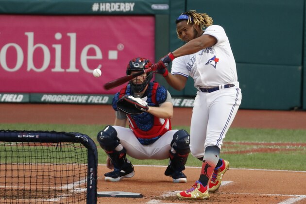 Vladimir Guerrero Jr., Toronto Blue Jays, hits during the Major League Baseball Home Run Derby, Monday, July 8, 2019, in Cleveland. The MLB baseball All-Star Game will be played Tuesday. (AP Photo/Ron Schwane)