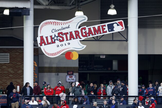 CLEVELAND, OH - APRIL 20: General view of the 2019 Major League Baseball All Star Game logo during game one of a doubleheader between the Atlanta Braves and Cleveland Indians at Progressive Field on April 20, 2019 in Cleveland, Ohio. (Photo by Joe Robbins/Getty Images)
