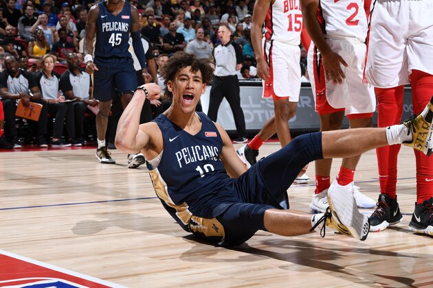 LAS VEGAS, NV - JULY 8: Jaxson Hayes #10 of the New Orleans Pelicans reacts to a play during the game against the Chicago Bulls on July 8, 2019 at the Thomas & Mack Center in Las Vegas, Nevada. NOTE TO USER: User expressly acknowledges and agrees that, by downloading and/or using this photograph, user is consenting to the terms and conditions of the Getty Images License Agreement. Mandatory Copyright Notice: Copyright 2019 NBAE (Photo by Garrett Ellwood/NBAE via Getty Images)