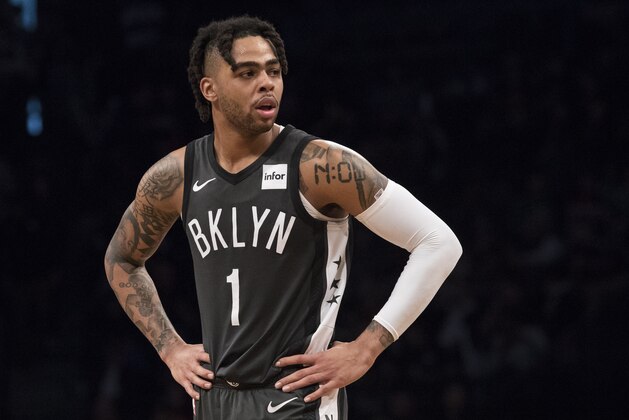 Brooklyn Nets guard D'Angelo Russell during a break in action in the second half of an NBA basketball game against the Boston Celtics, Saturday, March 30, 2019, in New York. The Nets won 110-96. (AP Photo/Mary Altaffer)