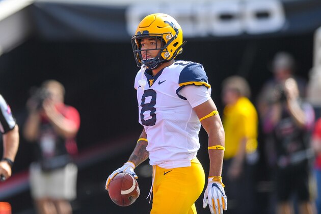 LUBBOCK, TX - SEPTEMBER 29: Marcus Simms #8 of the West Virginia Mountaineers stands in the end zone after scoring a touchdown during the game against the Texas Tech Red Raiders on September 29, 2018 at Jones AT&T Stadium in Lubbock, Texas. West Virginia defeated Texas Tech 42-34. (Photo by John Weast/Getty Images)