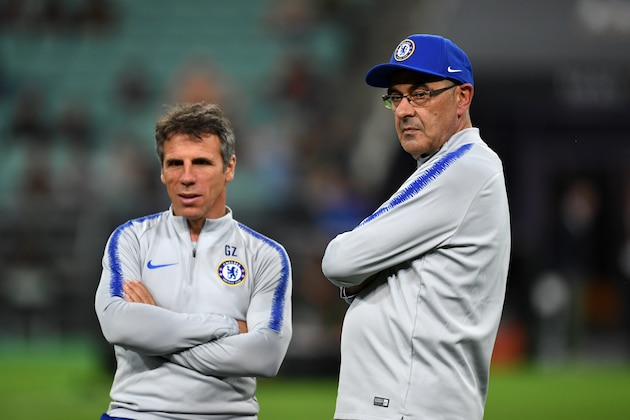 BAKU, AZERBAIJAN - MAY 28: Chelsea head coach Maurizio Sarri and Gianfranco Zola look on during the training session of Chelsea prior to the UEFA Europa League Final between Chelsea and Arsenal at Baku Olimpiya Stadionu on May 28, 2019 in Baku, Azerbaijan. (Photo by Etsuo Hara/Getty Images)