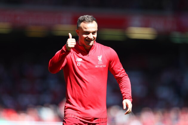 LIVERPOOL, ENGLAND - MAY 12: Xherdan Shaqiri of Liverpool warms up prior to the Premier League match between Liverpool FC and Wolverhampton Wanderers at Anfield on May 12, 2019 in Liverpool, United Kingdom. (Photo by Catherine Ivill/Getty Images)