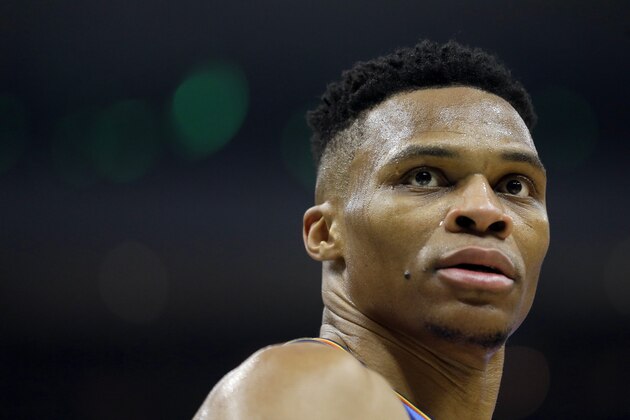 Oklahoma City Thunder's Russell Westbrook during the second half of an NBA basketball game against the Milwaukee Bucks Wednesday, April 10, 2019, in Milwaukee. (AP Photo/Aaron Gash)