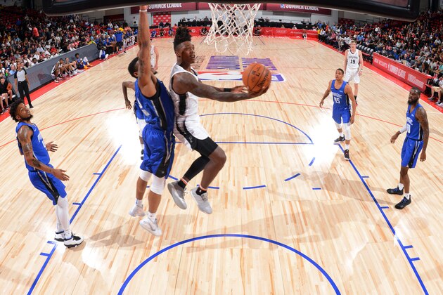 Las Vegas, NV - JULY 5: Lonnie Walker IV #1 of the San Antonio Spurs shoots the ball during the game against the Orlando Magic during Day 1 of the 2019 Las Vegas Summer League on July 5, 2019 at the Cox Pavilion in Las Vegas, Nevada. NOTE TO USER: User expressly acknowledges and agrees that, by downloading and or using this Photograph, user is consenting to the terms and conditions of the Getty Images License Agreement. Mandatory Copyright Notice: Copyright 2019 NBAE (Photo by Bart Young/NBAE via Getty Images)