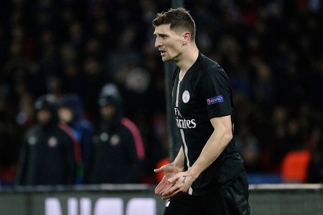 Paris Saint-Germain's Belgian defender Thomas Meunier reacts  during the UEFA Champions League round of 16 second-leg football match between Paris Saint-Germain (PSG) and Manchester United at the Parc des Princes stadium in Paris on March 6, 2019. (Photo by Geoffroy VAN DER HASSELT / AFP)        (Photo credit should read GEOFFROY VAN DER HASSELT/AFP/Getty Images)
