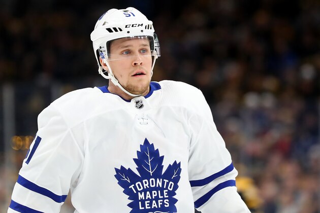BOSTON, MASSACHUSETTS - APRIL 23: Jake Gardiner #51 of the Toronto Maple Leafs looks on during the first period Game Seven of the Eastern Conference First Round against the Boston Bruins during the 2019 NHL Stanley Cup Playoffs at TD Garden on April 23, 2019 in Boston, Massachusetts. (Photo by Maddie Meyer/Getty Images)